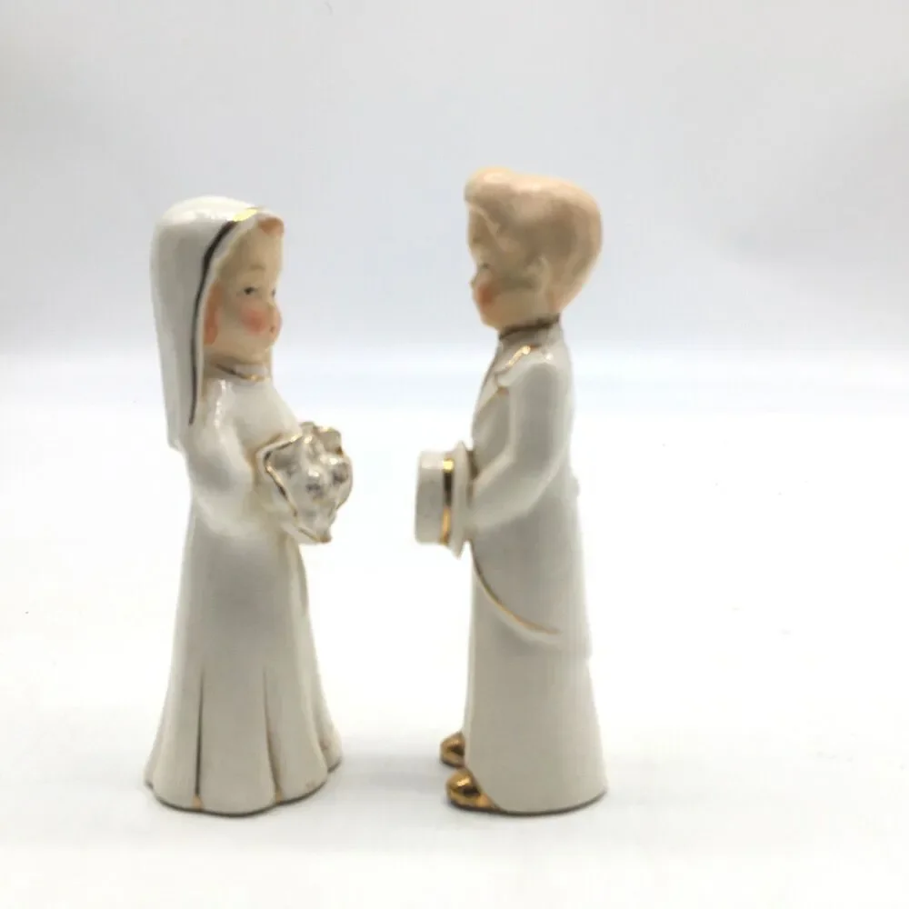 Vtg Porcelain Bride and Groom Wedding Topper White Gold 5” Japan READ Distressed